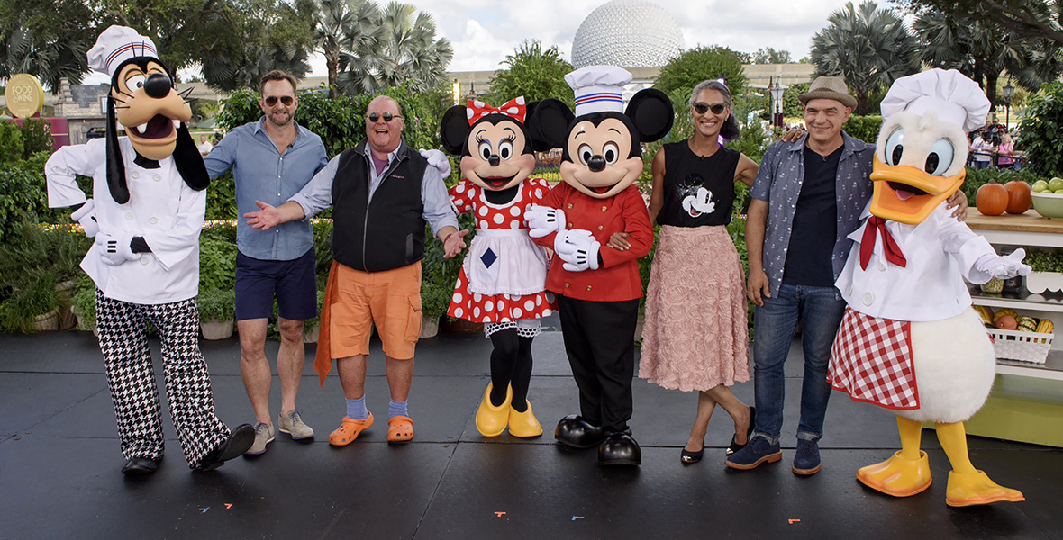 The Chew cast with Mickey, Minnie, Donald and Goofy at Epcot