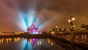 The Enchanted Storybook Castle at night.