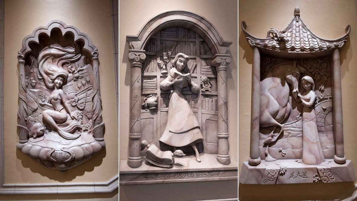 A triptych of Ariel from 1989&rsquo;s The Little Mermaid, Belle from 1991&rsquo;s Beauty and the Beast, and Mulan from 1998&rsquo;s Mulan