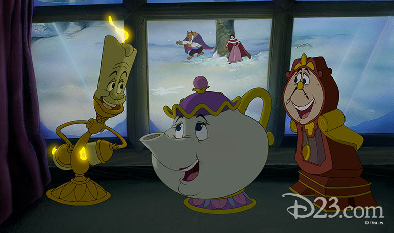 Lumiere, Mrs. Potts, and Cogsworth look out a window