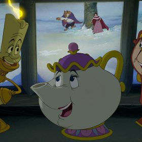 Lumiere, Mrs. Potts, and Cogsworth
