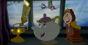 Lumiere, Mrs. Potts, and Cogsworth