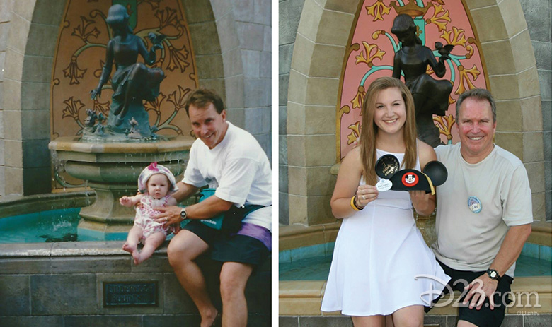 Girl and her father as a baby and as an adult