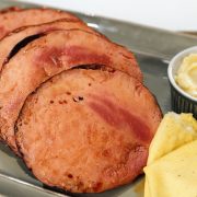 Molasses Glazed Ham with Cornmeal Crepes and Honey Butter