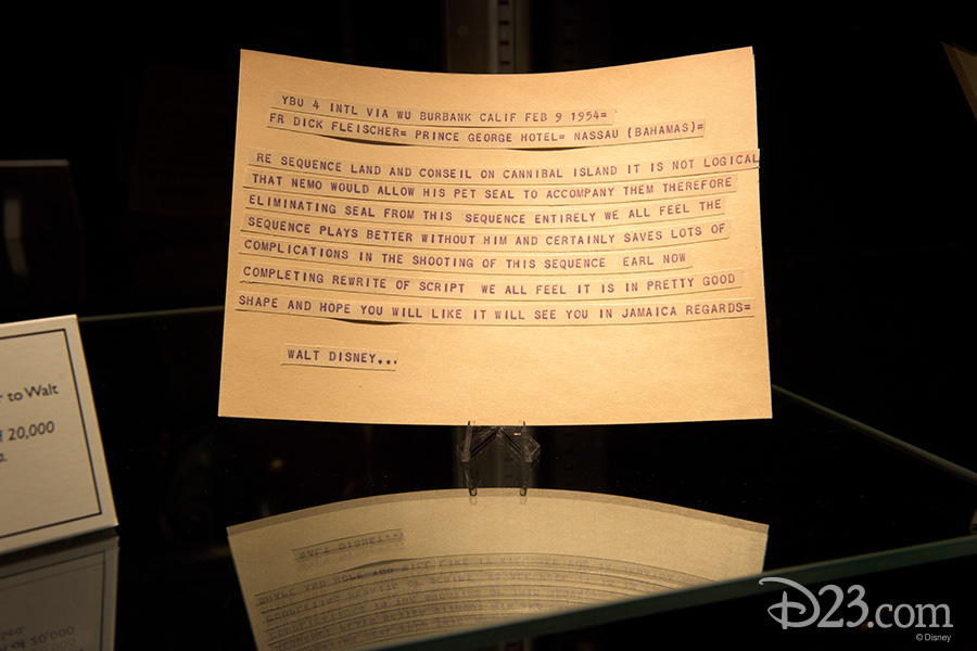 Telegram from Richard Fleischer to Walt Disney (facsimile) sent during the production of 20,000 Leagues Under the Sea, Nassau, 1954
