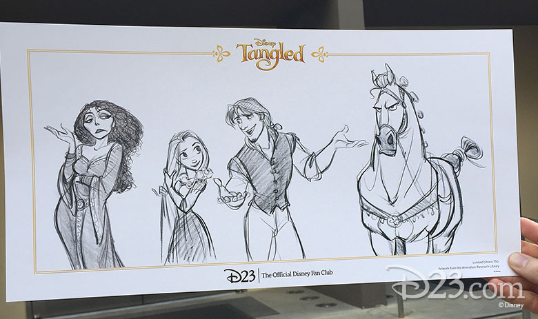 D23 exclusive gift: a stunning lithograph featuring four iconic character sketches from Tangled