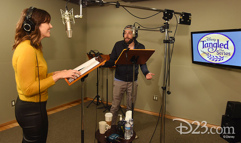 Mandy Moore and Zachary Levi in the sound studio for Tangled Before Ever After