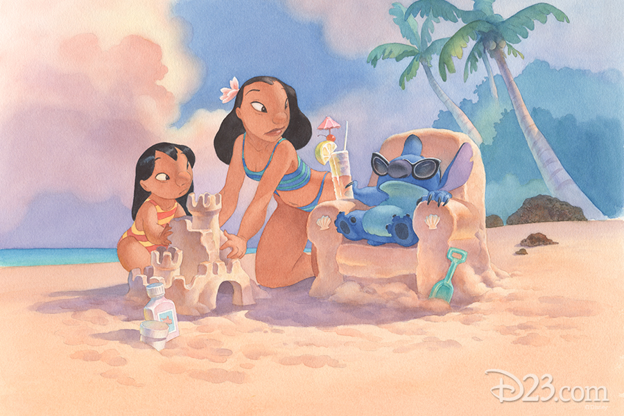 Lilo & Stitch Production Art - Lilo and Nani making a sand castle while Stitch sits in a sand chair