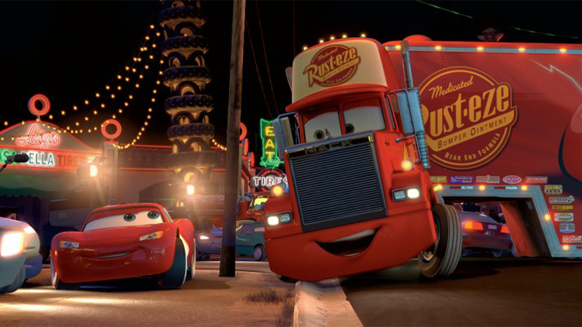 An image from Cars with Lightning Mcqueen and Mack. 