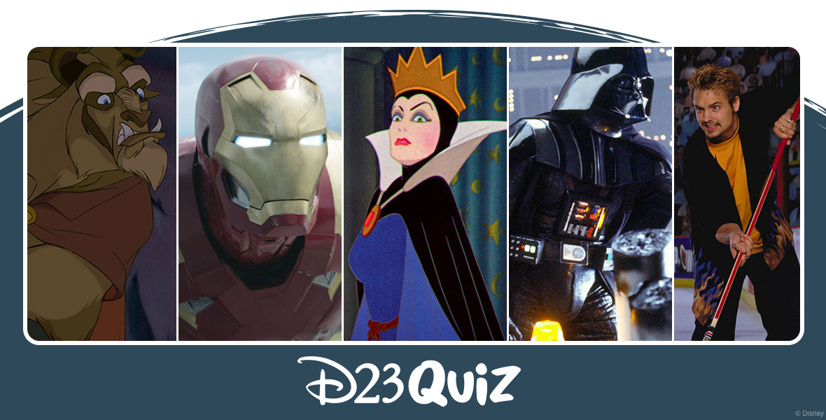 A blue half circle takes up most of a white graphic. Inside the circle is a rectangle with 5 photos side by side. To the far left is the Beast from Beauty and the Beast with an angry look on his face. To the right of that picture is a picture of Iron Man. To the right of that picture is Maleficent from Sleeping Beauty who has a shocked look on her face. To the right of that picture is Darth Vader from Star Wars and next to his picture to the far right is Griffelkin from H-E Double Hockey Sticks, played by Will Friedle, with a red hockey stick in hand and angry look on his face.