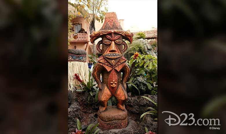 carved statue of Pele outside the Enchanted Tiki Room