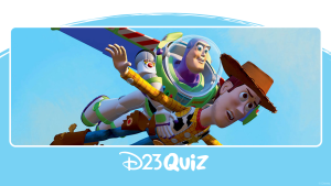 Buzz Lightyear carries Woody through the air as they soar together in a scene from Toy Story. Text at the bottom reads: D23 Quiz