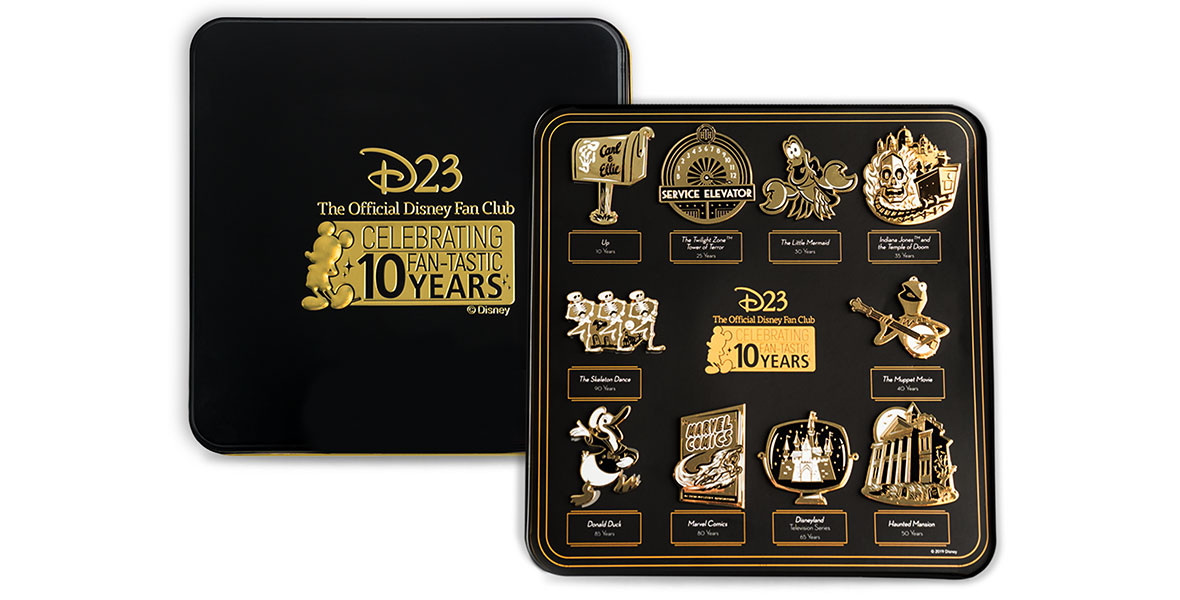 D23 Official Disney Fan Club 10 Fan-Tastic Years Gold Pin Set Box Tin  Celebrate!