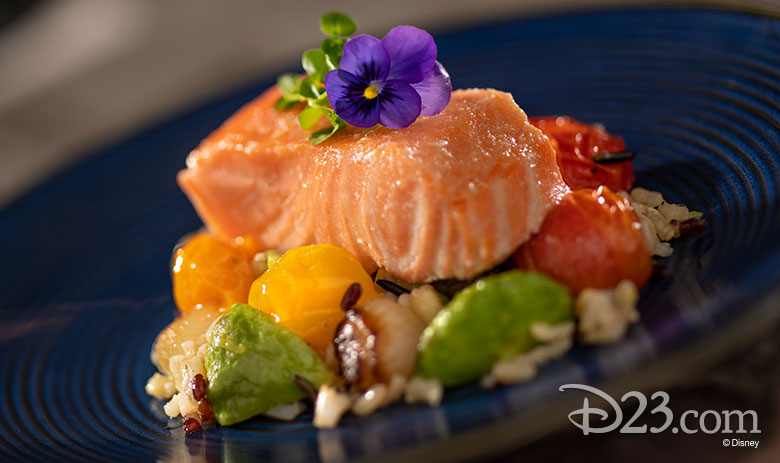 Citrus-poached Salmon with Ancient Grain Salad, Roasted Vegetables, and Citrus Greens