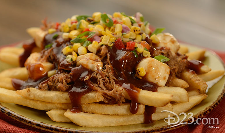 Coffee-rubbed Pork Poutine with Barbecue Demi-Glace, Fire-roasted Corn Relish, and Cheese Curds