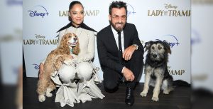 Tessa Thompson and Justin Theroux with the Lady and The Tramp Dogs