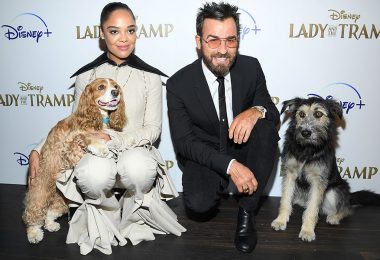 Tessa Thompson and Justin Theroux with the Lady and The Tramp Dogs