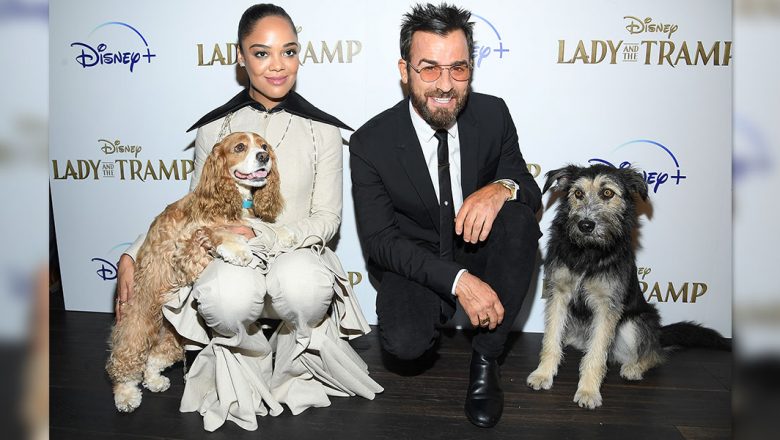Tessa Thompson and Justin Theroux with the Lady and The Tramp Dogs