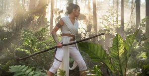 Daisy Ridley as Rey in the forest