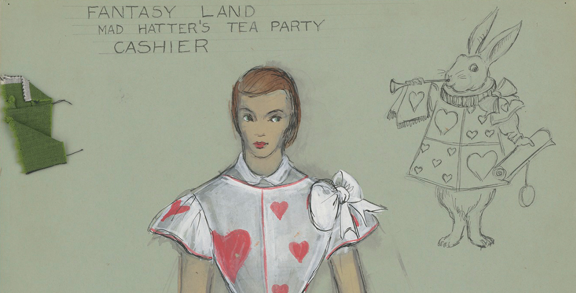 Fantasy Land Mad Hatter&rsquo;s Tea Party Cashier costume sketch by Reni&eacute; Conley