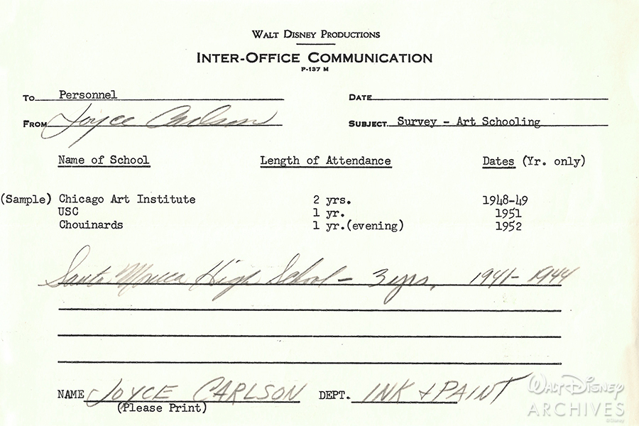Inter-Office Communication listing Joyce’s art schooling, early in her career.