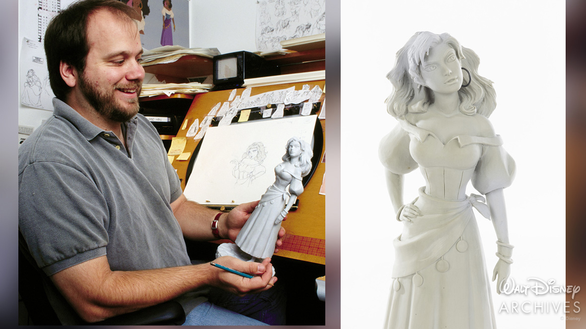 Tony Fucile holds a clay maquette of Esmeralda in a flowing dress. The right side shows a close-up of the finished unpainted animator&rsquo;s model.