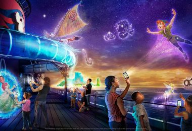 Families stand on the deck of the Disney Wish staring at fantastical realizations of Princess Tiana, Peter Pan, Moana, and more.