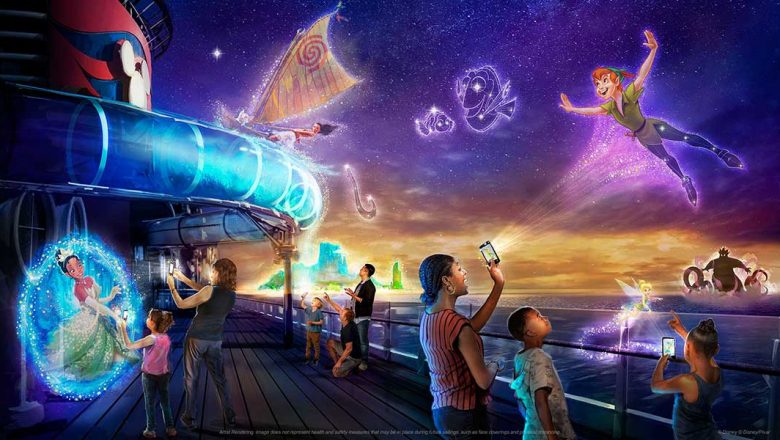 Families stand on the deck of the Disney Wish staring at fantastical realizations of Princess Tiana, Peter Pan, Moana, and more.