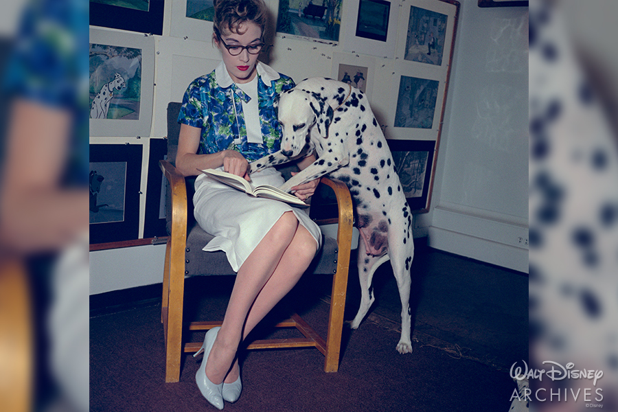 Lisa Davis, voice of Anita Radcliff, reading to one of the production’s furry friends. Davis originally read for the role of Cruella De Vil, but concluded she was better suited to voice the gentle Anita.