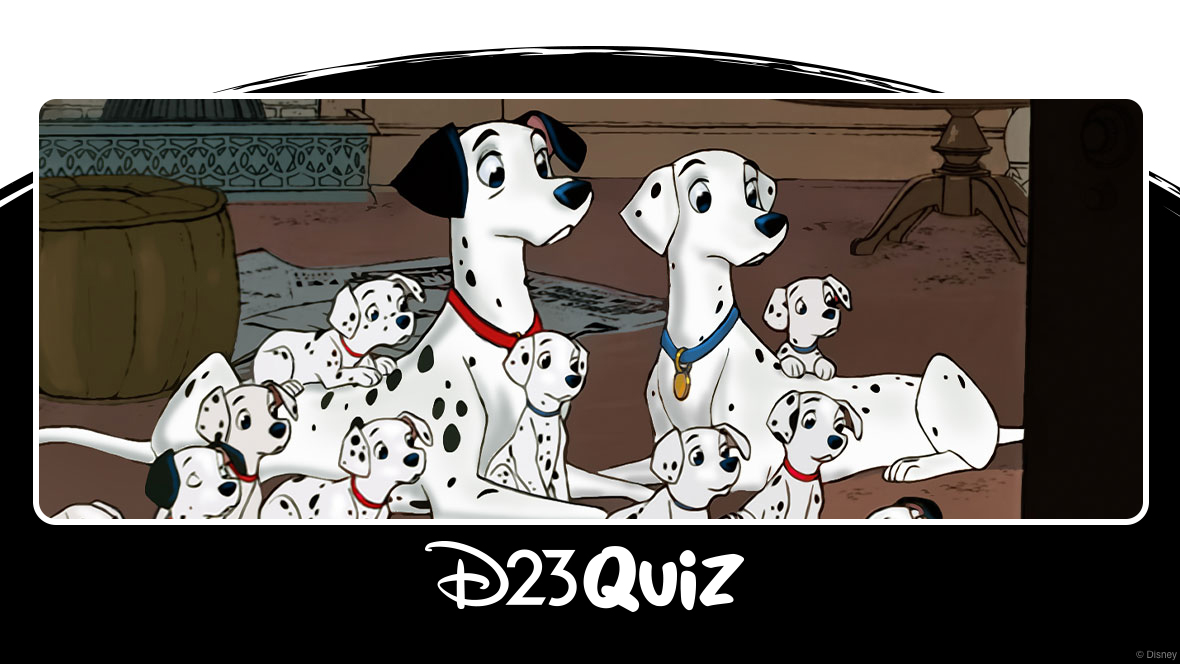 Still from 101 Dalmatians with the words "D23 Quiz" on the bottom.