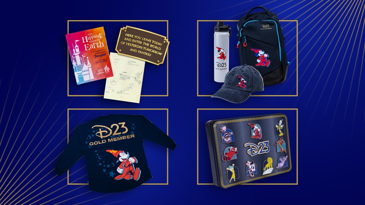 Showcased are the four 2025 D23 Gold Member Premiums: Disneyland 70th Collection, including The Happiest Place on Earth, a replica Disneyland Park entrance plaque, and a reproduction of the Disneyland Entrance plaque text draft; Gold Member Fan Pack including a Sorcerer’s Apprentice Mickey Mouse water bottle, crossbody bag, and hat; a Sorcerer’s Apprentice Mickey Mouse Spirit Jersey; and a 10-piece Pin Set.