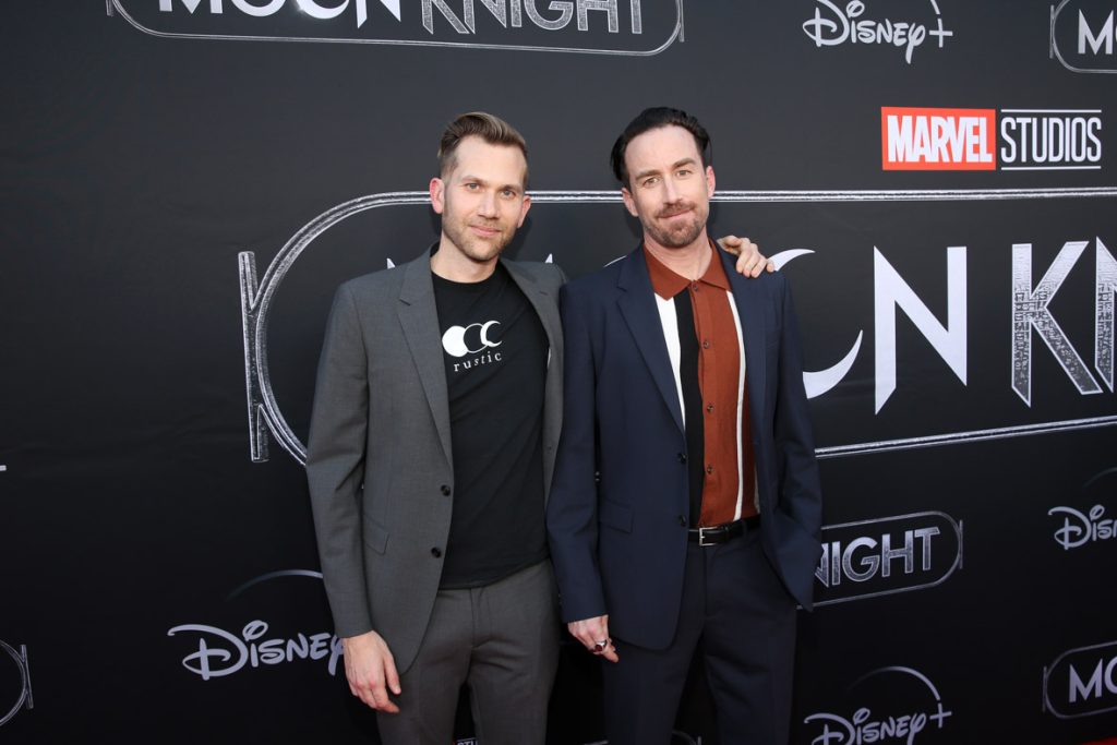 LOS ANGELES, CALIFORNIA - MARCH 22: (L-R) Aaron Moorhead, Director and Justin Benson, Director attend the Moon Knight Los Angeles Special Launch Event at the El Capitan Theatre in Hollywood, California on March 22, 2022. (Photo by Jesse Grant/Getty Images for Disney)