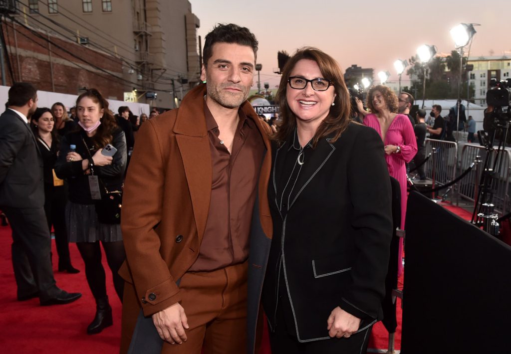 LOS ANGELES, CALIFORNIA - MARCH 22: (L-R) Oscar Isaac and Victoria Alonso, Executive Producer and Marvel Studios Executive VP of Production attend the Moon Knight Los Angeles Special Launch Event at the El Capitan Theatre in Hollywood, California on March 22, 2022. (Photo by Alberto E. Rodriguez/Getty Images for Disney)