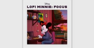 The album artwork of the new Disney lofi album, featuring Minnie Mouse sitting at a desk and writing with a sunset out the window behind her