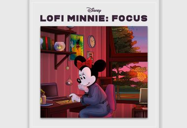 The album artwork of the new Disney lofi album, featuring Minnie Mouse sitting at a desk and writing with a sunset out the window behind her
