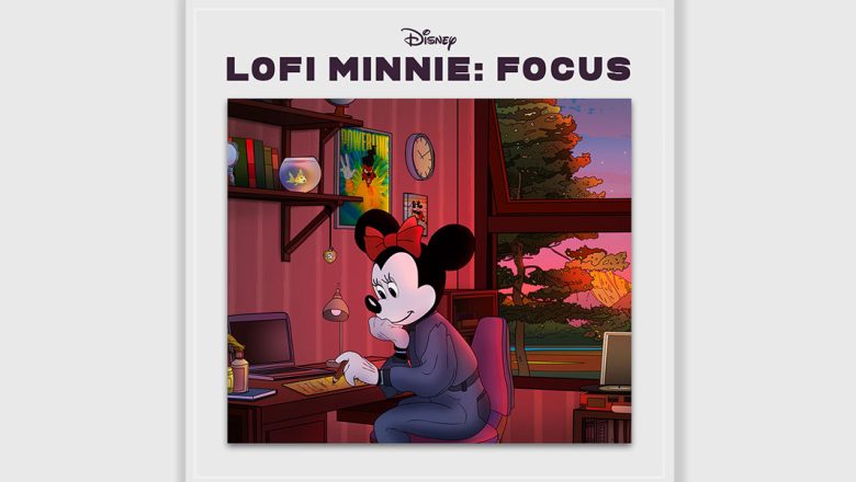 The album artwork of the new Disney lofi album, featuring Minnie Mouse sitting at a desk and writing with a sunset out the window behind her