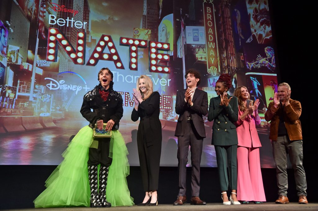 LOS ANGELES, CALIFORNIA - MARCH 15: (L-R) Rueby Wood, Lisa Kudrow, Joshua Bassett, Aria Brooks, Michelle Federer, and Norbert Leo Butz attend the Los Angeles Premiere of Disney's "Better Nate Than Ever" at El Capitan Theatre in [Hollywood], California on March 15, 2022. (Photo by Alberto E. Rodriguez/Getty Images for Disney)