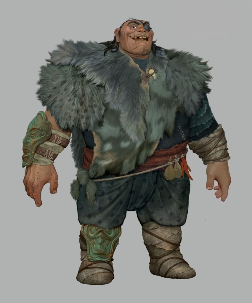 A warrior’s pragmatism is evident in Tong’s costume. He wears six different animal pelts and a traditional wrapped sampot pant in addition to armor and food items hanging from his belt. Walt Disney Animation Studios’ “Raya and the Last Dragon” will be in theaters and on Disney+ with Premier Access on March 5, 2021.