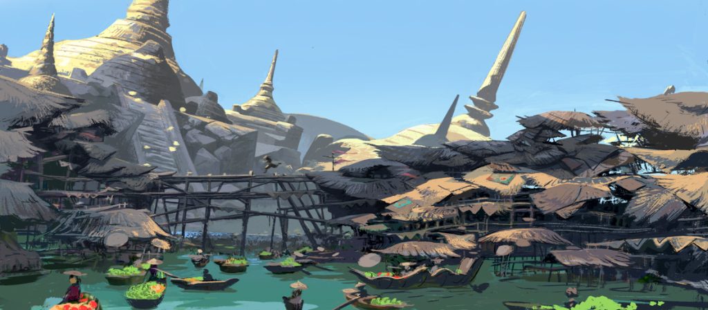 Visual development artist Kevin Nelson explored the idea of an ever-expanding pier built in different levels. Due to the drought brought on by the return of the Druun, new platforms would be built as the water recedes. Walt Disney Animation Studios’ “Raya and the Last Dragon” will be in theaters and on Disney+ with Premier Access on March 5, 2021.