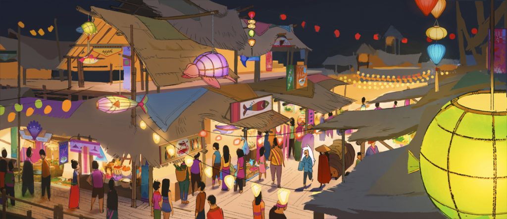 Talon’s merchants are the lifeblood of its economy, so the city’s design revolves around their drive to call attention to their wares. Bright colors, lights and patterns fill every inch of the city. Walt Disney Animation Studios’ “Raya and the Last Dragon” will be in theaters and on Disney+ with Premier Access on March 5, 2021.
