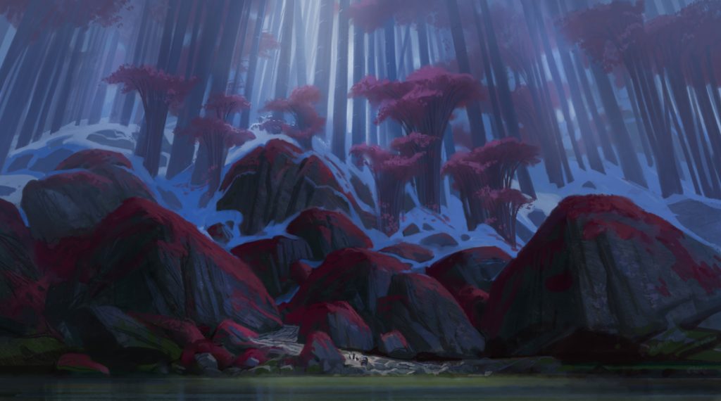 The color palette of white snow, black bamboo and maroon leaves heightens the epic feel of Spine. Walt Disney Animation Studios’ “Raya and the Last Dragon” will be in theaters and on Disney+ with Premier Access on March 5, 2021.
