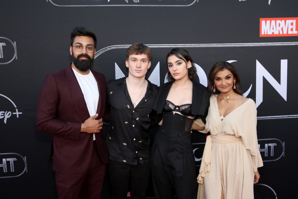 LOS ANGELES, CALIFORNIA - MARCH 22: (L-R) Saagar Shaikh, Matt Lintz, Yasmeen Fletcher and Anjali Bhimani attend the Moon Knight Los Angeles Special Launch Event at the El Capitan Theatre in Hollywood, California on March 22, 2022. (Photo by Jesse Grant/Getty Images for Disney)