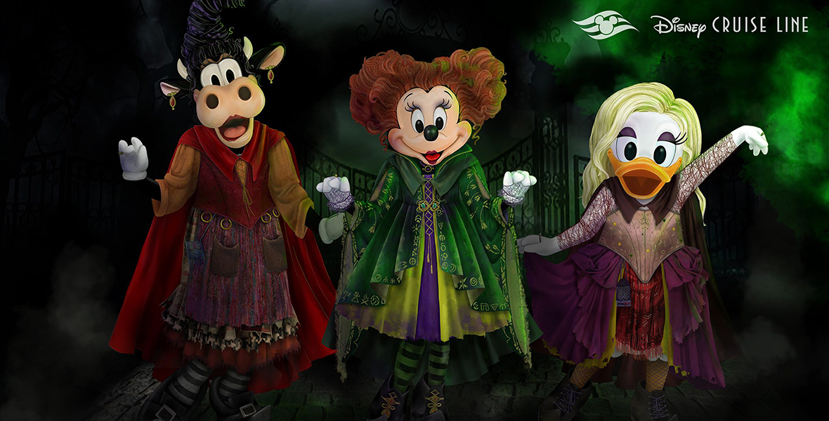 Artist rendering of Minnie Mouse, Daisy Duck, and Clarabelle Cow dressed up as the Sanderson Sisters from Disney’s Hocus Pocus, standing against a spooky Halloween-themed background.