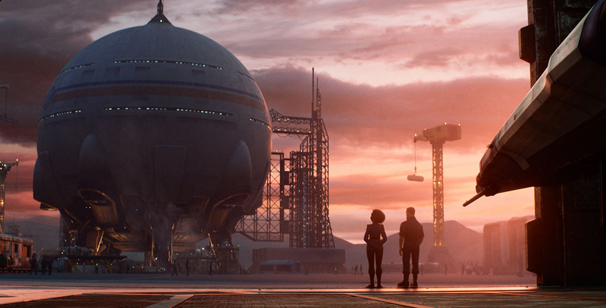 A scene from Lightyear with two unknown characters facing a rocket in the distance that dwarfs their size.