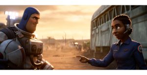Buzz Lightyear (voiced by Chris Evans) and Alisha Hawthorne (voiced by Uzo Aduba) stand together at a Star Command location.