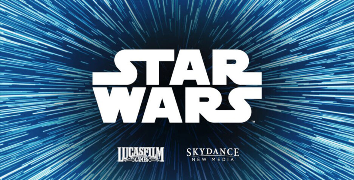 The Star Wars, Lucasfilm, and Skydance New Media logos over a blue-and-white-streaked, lightspeed background.