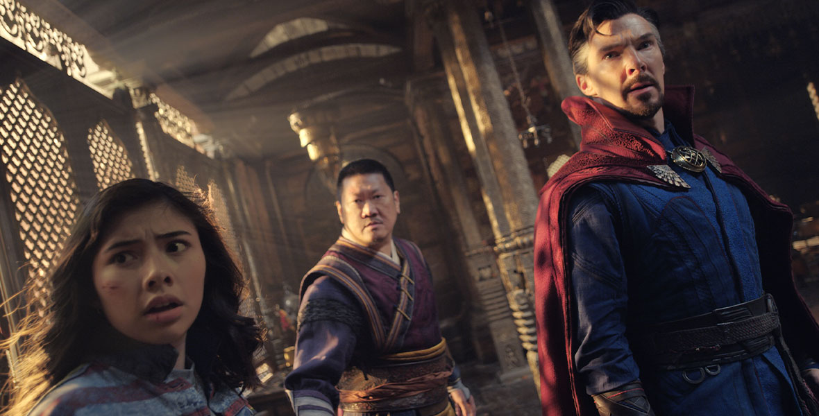 America Chavez, Wong, and Doctor Strange standing together in a still from Doctor Strange in the Multiverse of Madness.