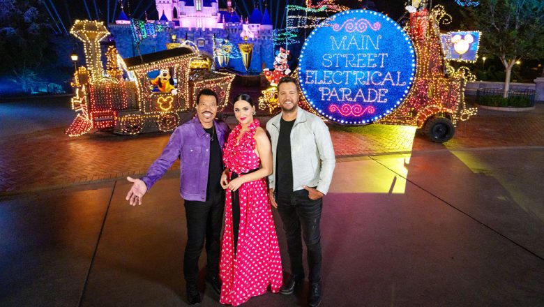 As part of “Disney Night” on ABC, American Idol judges Lionel Richie, Katy Perry, and Luke Bryan celebrate the return of the Main Street Electrical Parade at the Disneyland resort.