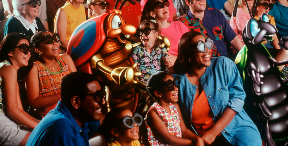 Guests (and bugs) sit down to watch It’s Tough to be a Bug, with every human wearing “bug-eye” 3D glasses.