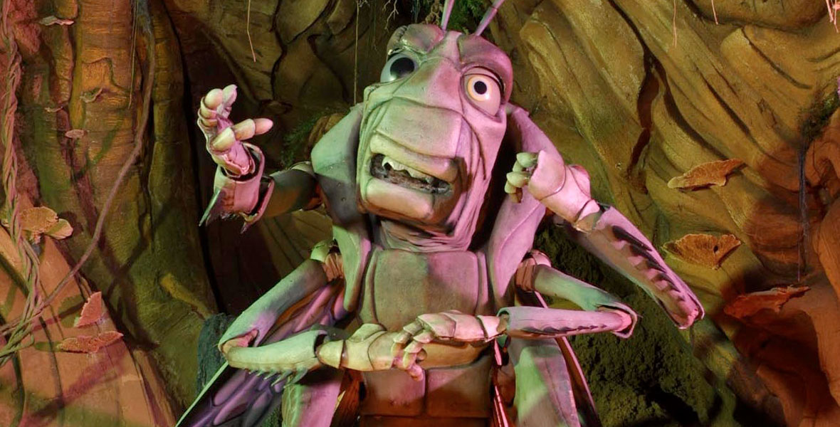 The Hopper Audio-Animatronics® figure, standing on the stage of It’s Tough to be a Bug